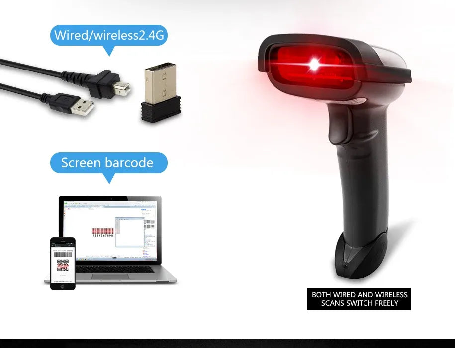 Wired and wireless barcode scanner with USB cable, red scan light, and 2.4G link