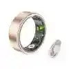 Rose gold smart ring with interior biometric sensors and a small matching charging dock.