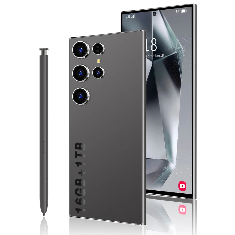 Black 5G smartphone with quad cameras and stylus, front and back shown