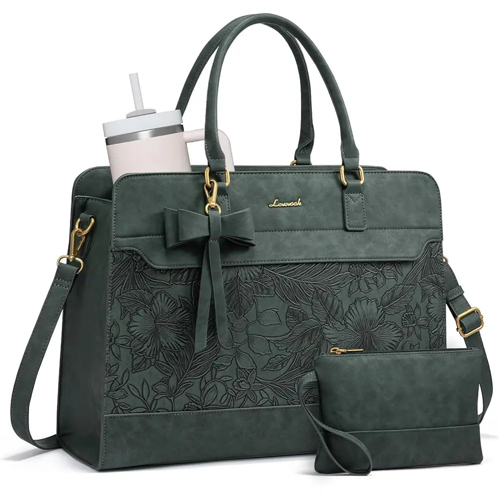 Dark green LOVEVOOK waterproof 15.6in laptop tote with embossed floral details, bow charm, and matching wristlet clutch.