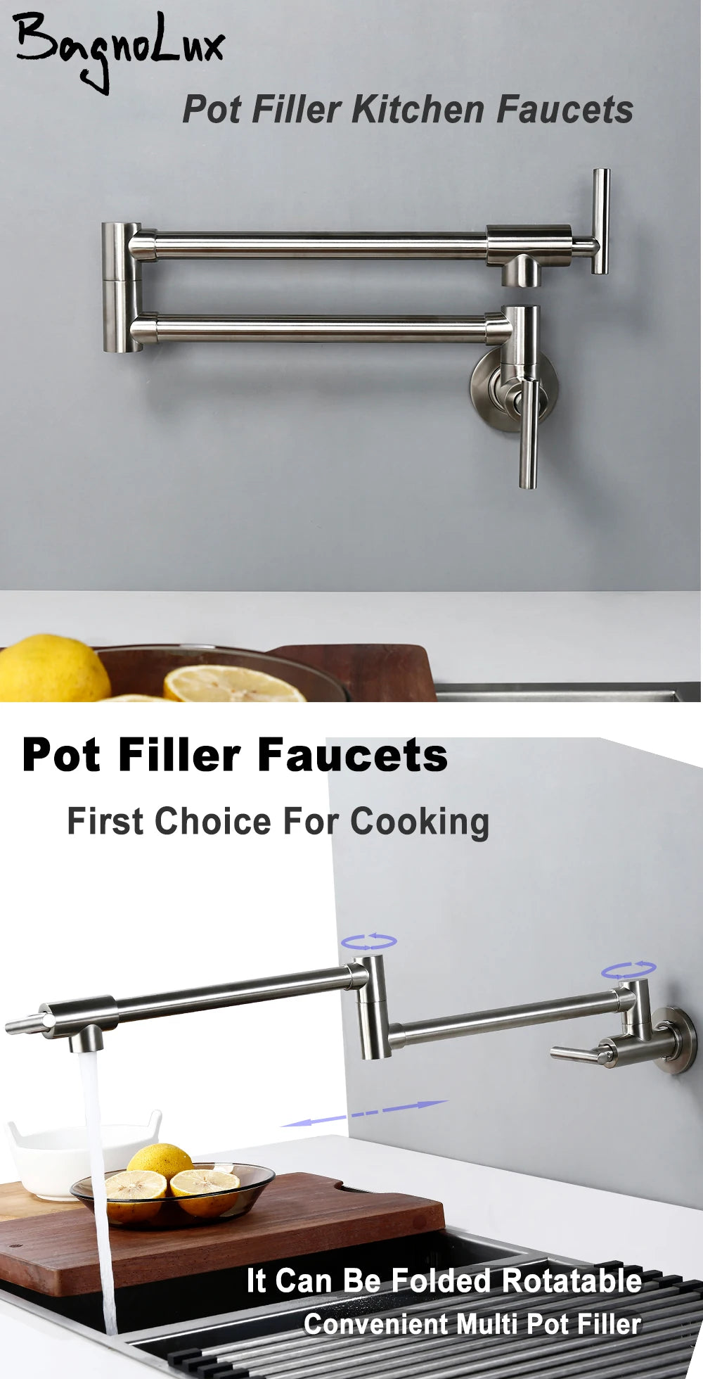 Brushed Nickel Kitchen Faucet Brass Wall Mounted Pot Filler Swivel Folding Retractable Rotary Stretch Kitchen Tap