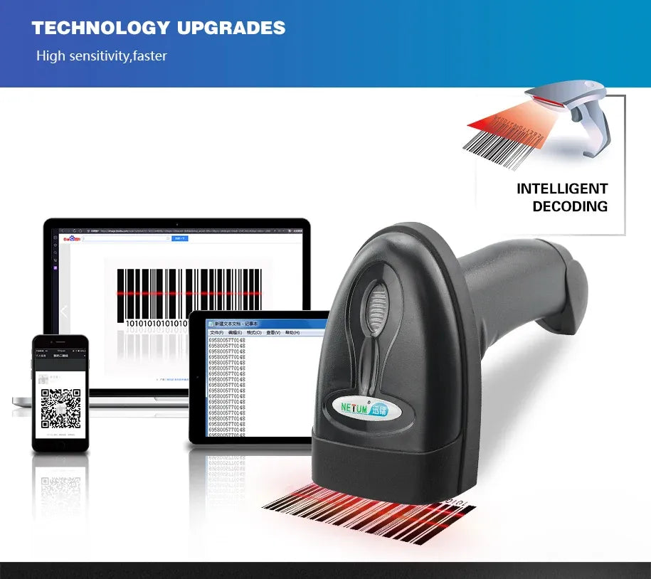 Handheld 2D Bluetooth barcode scanner scanning codes on tablet and laptop screens
