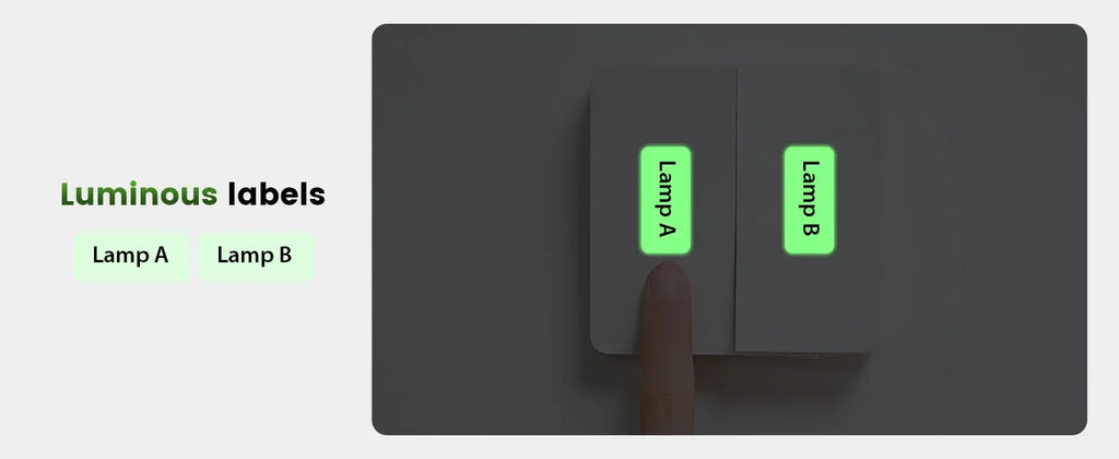 Luminous labels shown on a dark surface with hands placing label strips