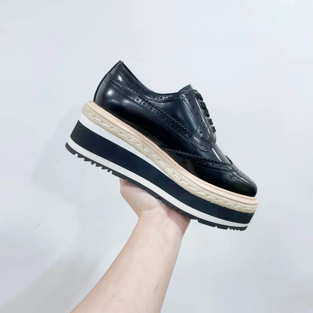 Luxury Designer Toe Stacked Platform Lace-up Vamp Breathable Walking Shoes Orange Calf Leather Re-Edition 65mm Wingtip Loafers