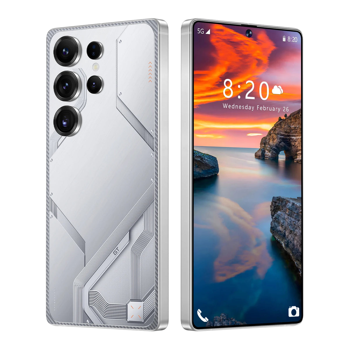 White Android smartphone with quad rear cameras and sunset front wallpaper