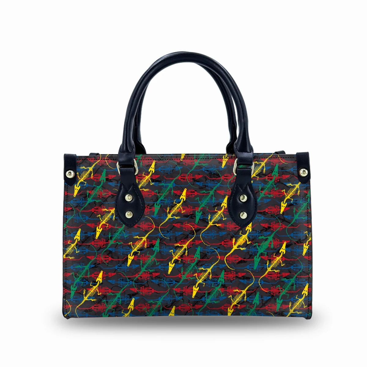 Genuine leather trunk handbag with black handle and colorful lizard skeleton print pattern.
