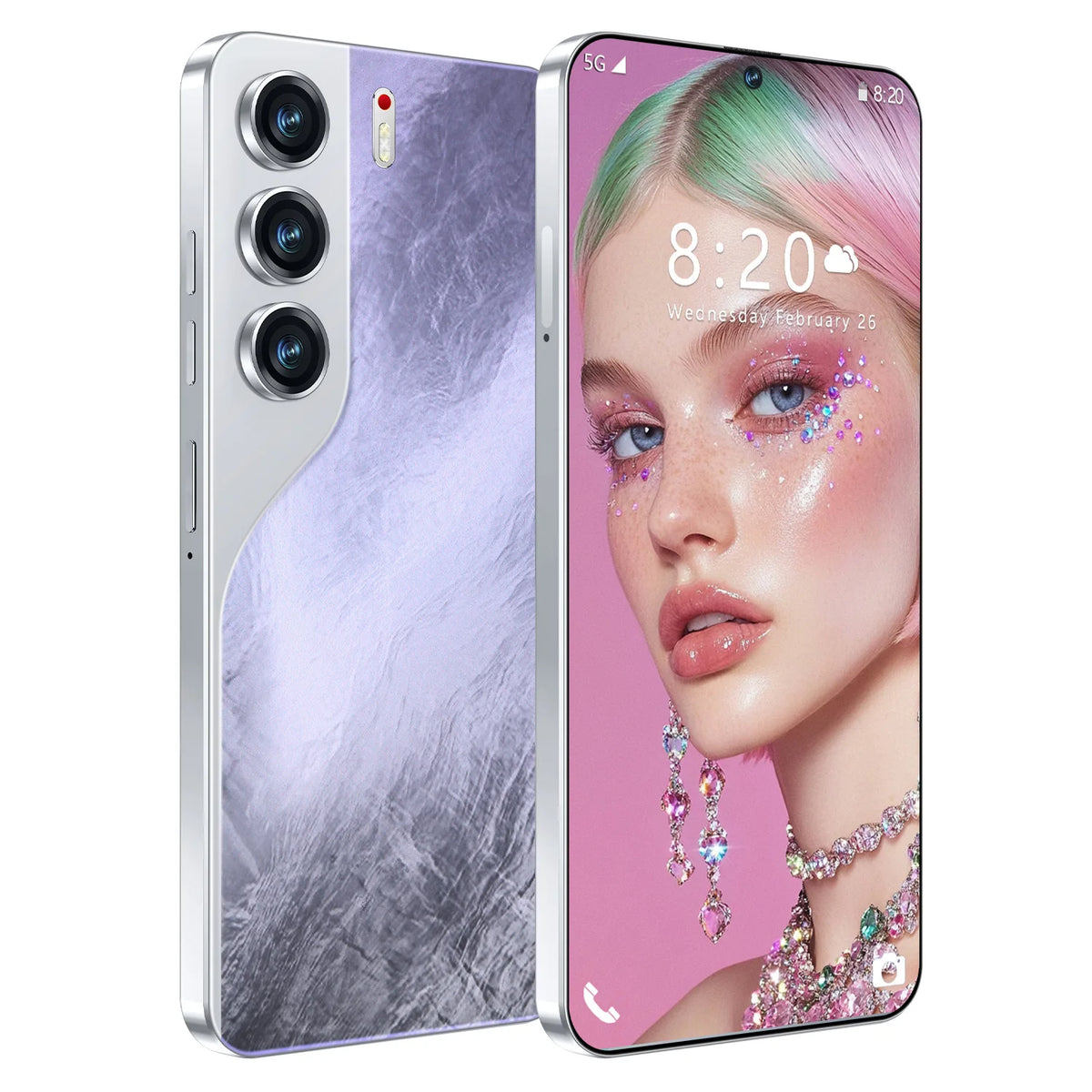 Tecno Camon 40 5G smartphone with lilac back and triple rear cameras; portrait on screen