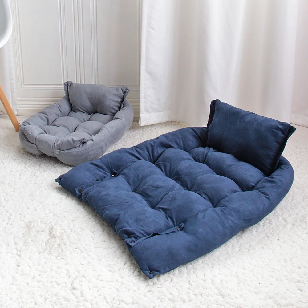 Blue and grey soft plush dog sofa beds for comfortable winter sleeping, perfect for small to large pets.