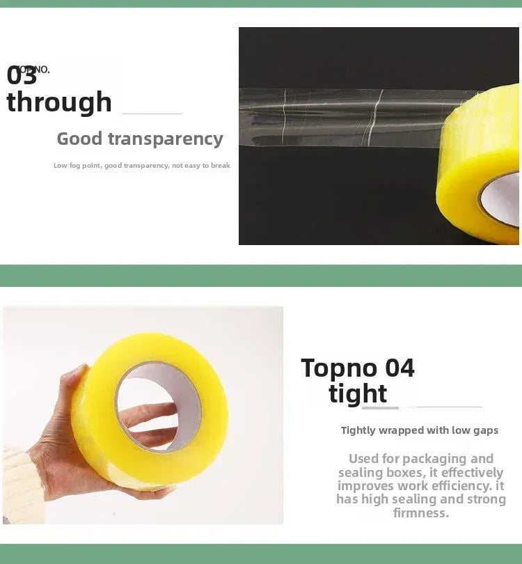 Yellow carton sealing tape roll held in hand, close-up showing tape transparency