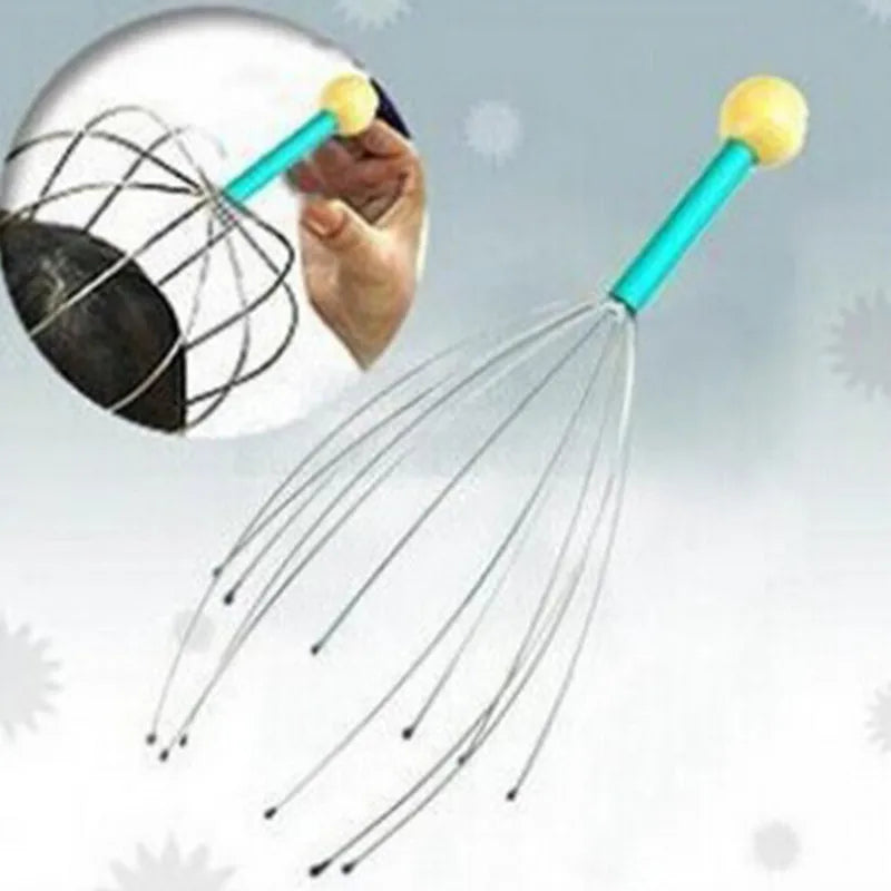 Handheld octopus scalp massager with metal wires, blue handle, and yellow knob for stress relief and head relaxation.