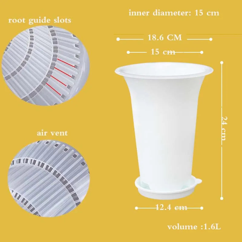 White plastic orchid planter pot with air vents and root guide slots, 1.6L volume