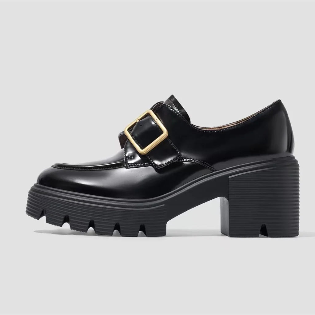 High-end Loafers for Women with Adjustable Buckles and Thick Heels, Suitable for Office Wear and Heightening the Appearance