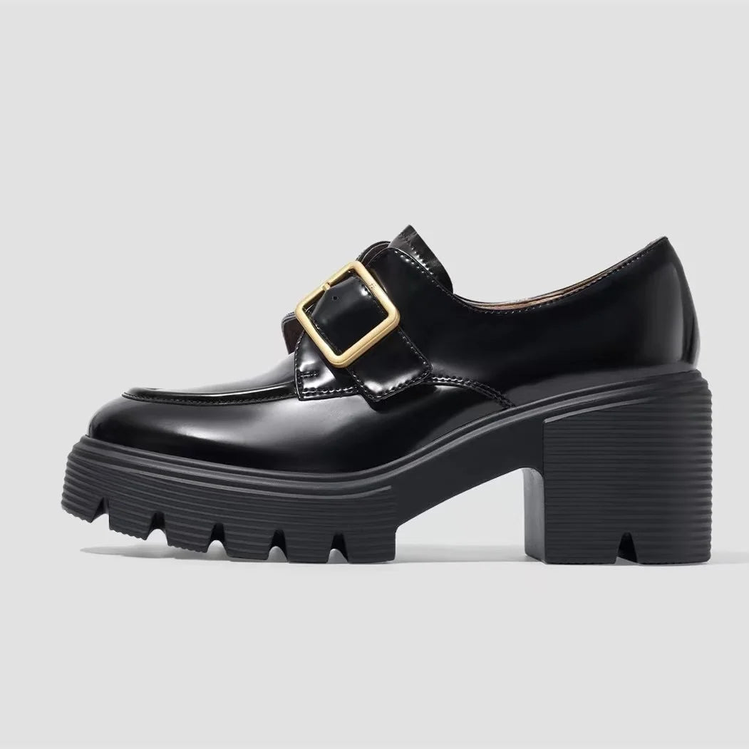 High-end Loafers for Women with Adjustable Buckles and Thick Heels, Suitable for Office Wear and Heightening the Appearance