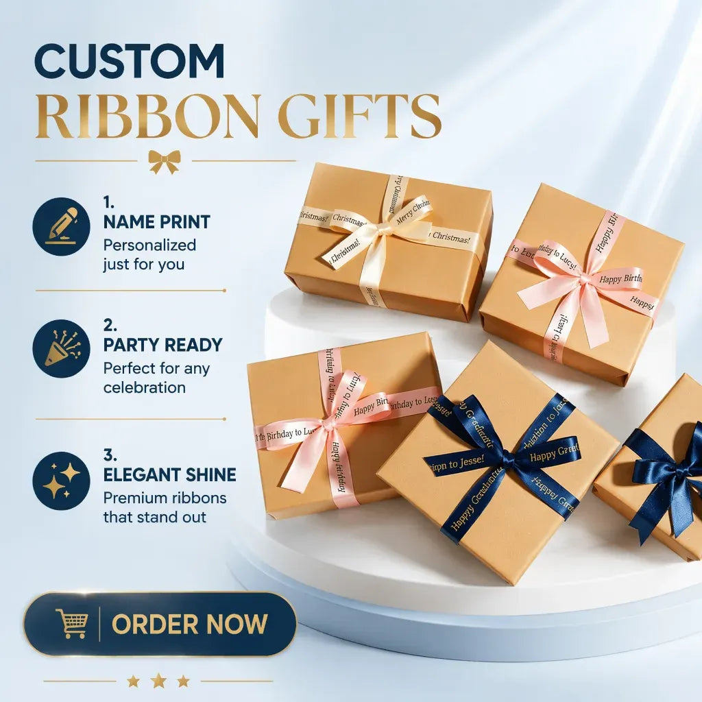 Gift wrapping ribbons on brown boxes: blue and pink satin bows