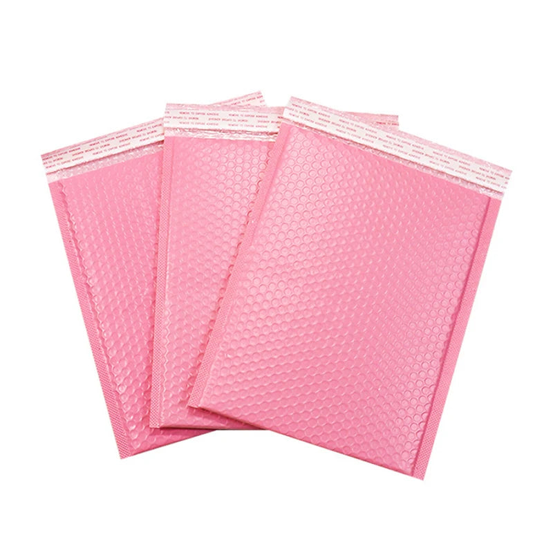 Pink bubble mailer envelopes with red printed logo text, poly waterproof shipping bags