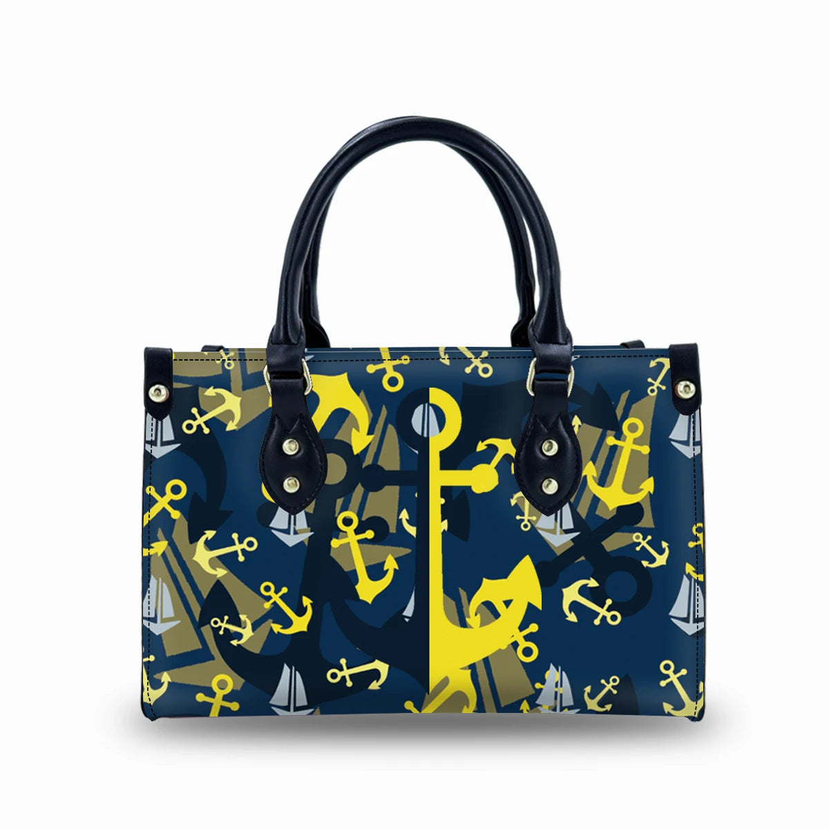 Navy genuine leather trunk handbag with yellow and white nautical anchor pattern, dual handles, and buckle details.