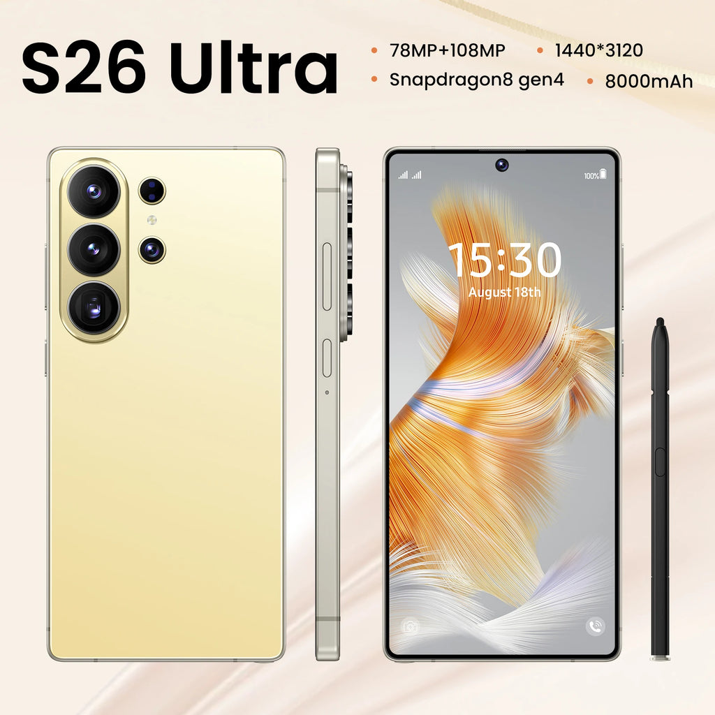 S26 Ultra smartphone with 22GB RAM, 2TB storage, Android 15, and 108MP camera, showing gallery image four