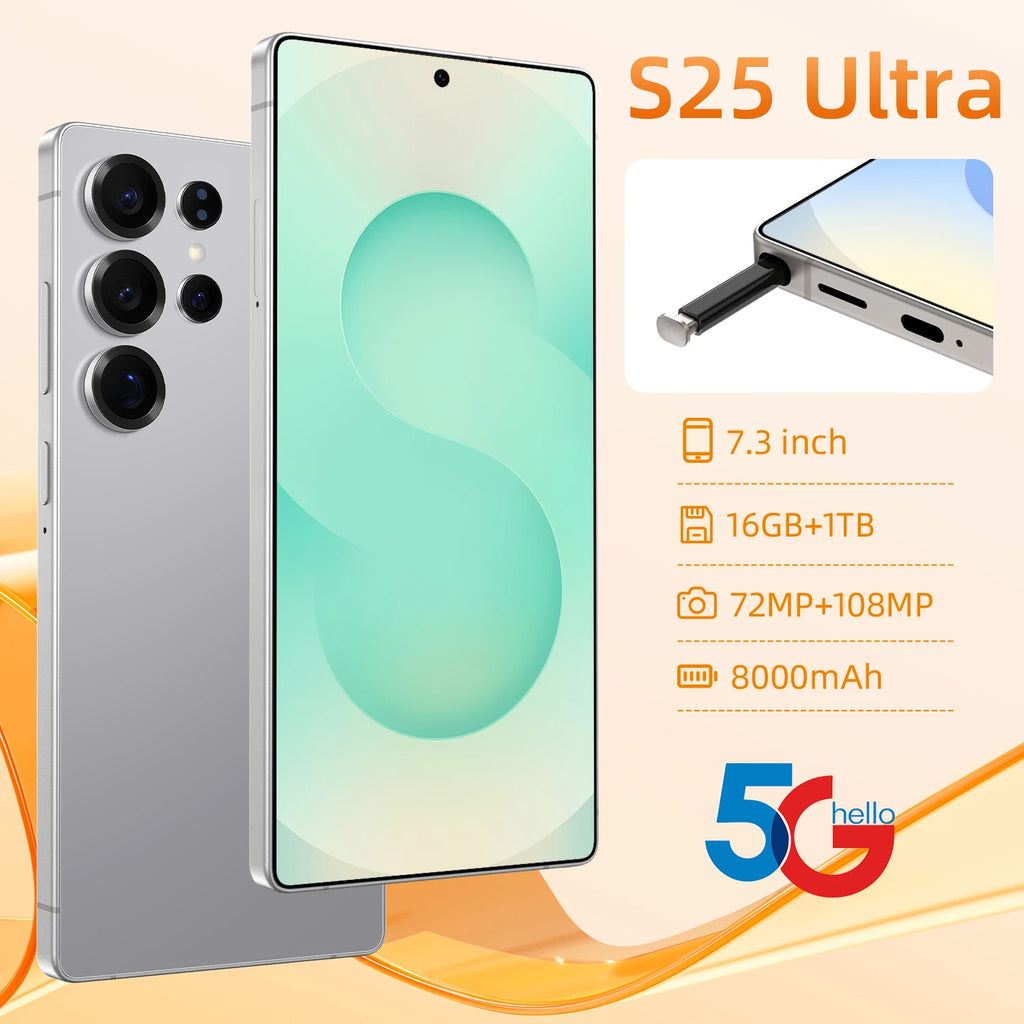 2025 S25 Ultra Deca Core Android Smartphone 7" LED 108MP 7800mAh 5G CDMA LTE French Spanish English Built-in Pen