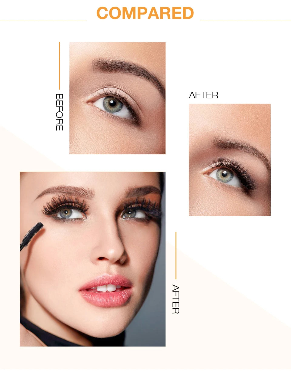 O.TWO.O 3D black mascara before and after transformation showing long, voluminous lashes and smooth makeup application.