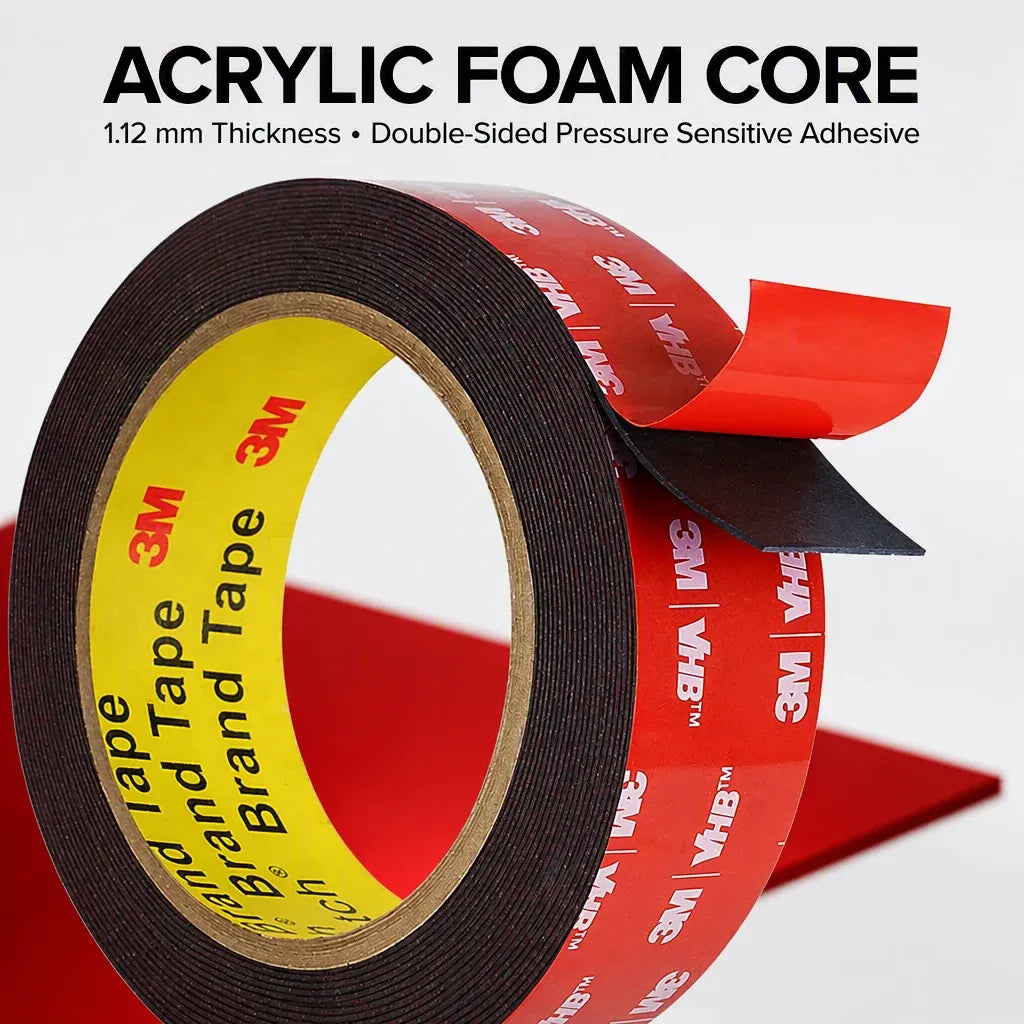 Double-sided foam tape roll with red liner and yellow center ring