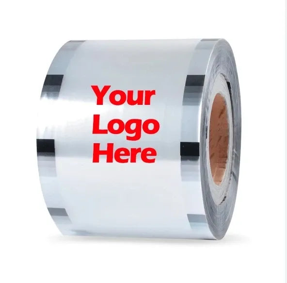 Silver thermal laminating film roll with bold red text "Your Logo Here"