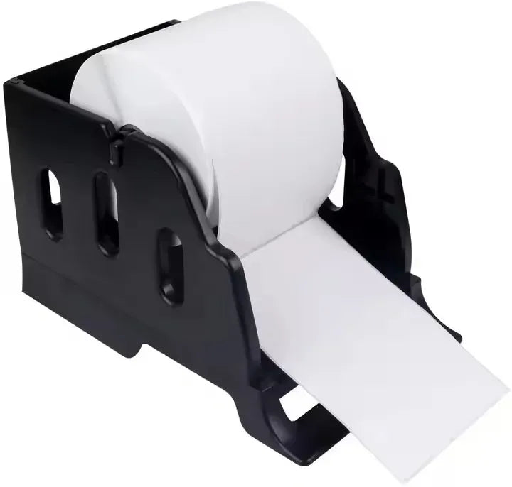 White thermal label strip feeding from a label printer dispenser