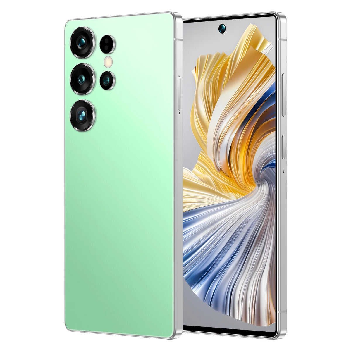Fluorescent green smartphone with triple rear cameras and front screen with gold and blue abstract waves