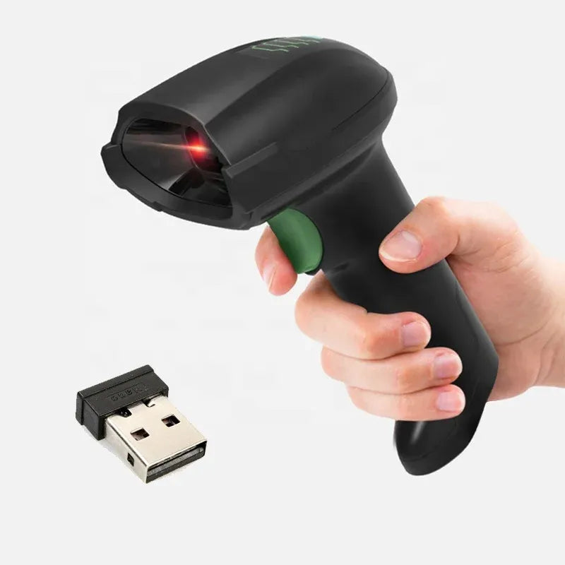 Handheld wireless barcode scanner with green trigger and red scan light, USB dongle pictured