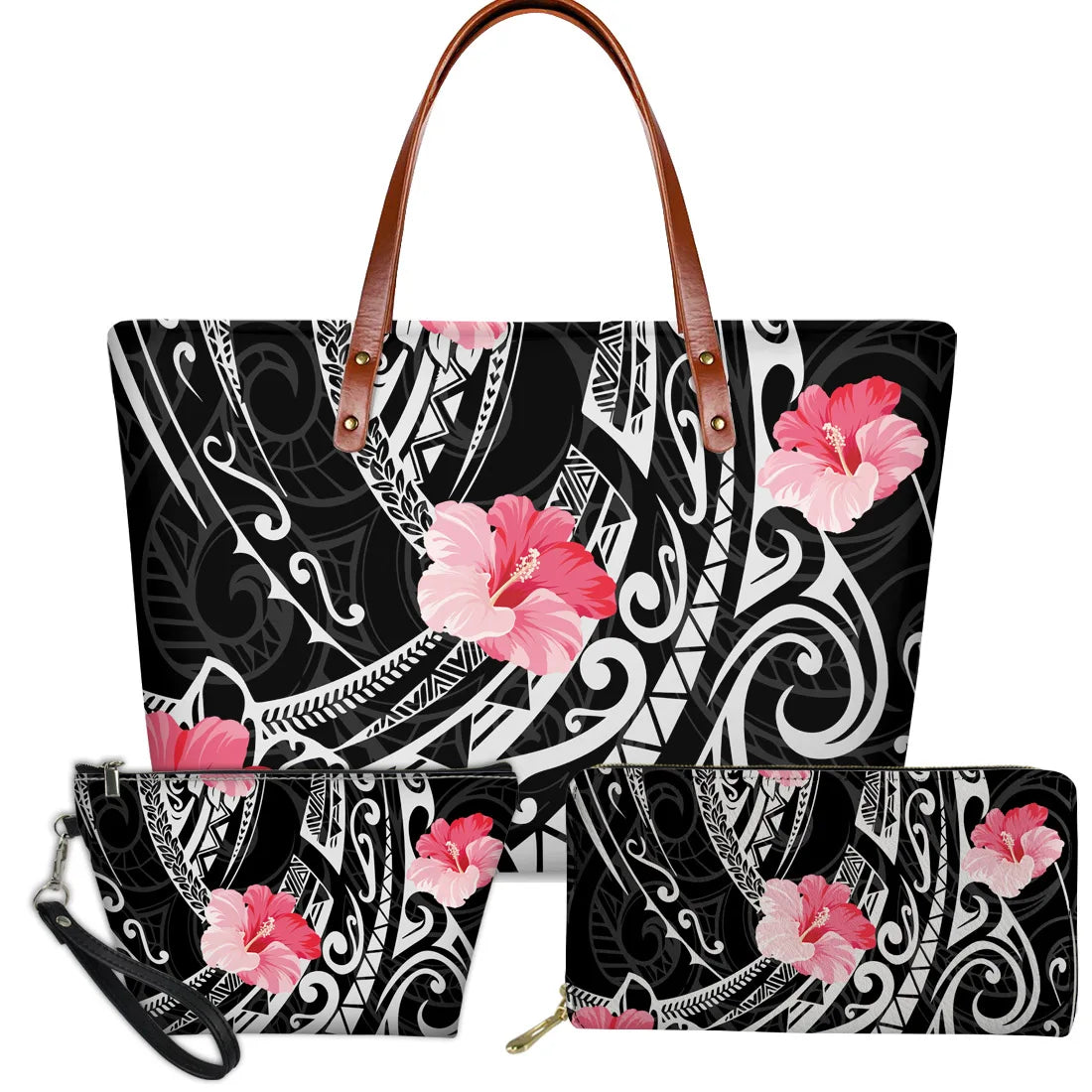 3-piece handbag set with black and white Polynesian tribal patterns and pink hibiscus floral print, brown leather handles.