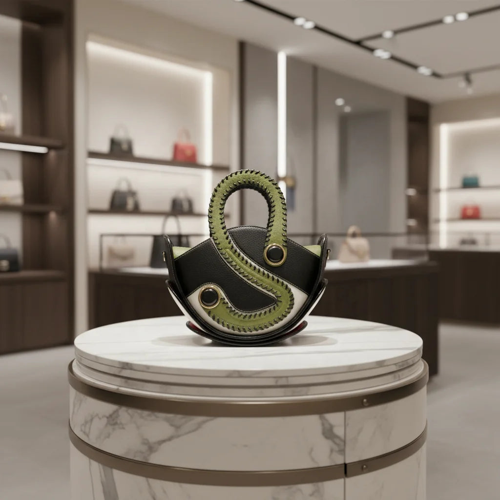 Unique designer handbag with black leather and olive green stitched S-shape handle on a white marble display.