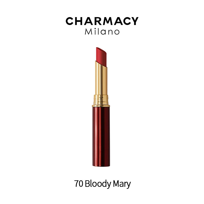 CHARMACY long-lasting matte velvet lipstick in Bloody Mary red shade, featuring a sleek gold and red tube.