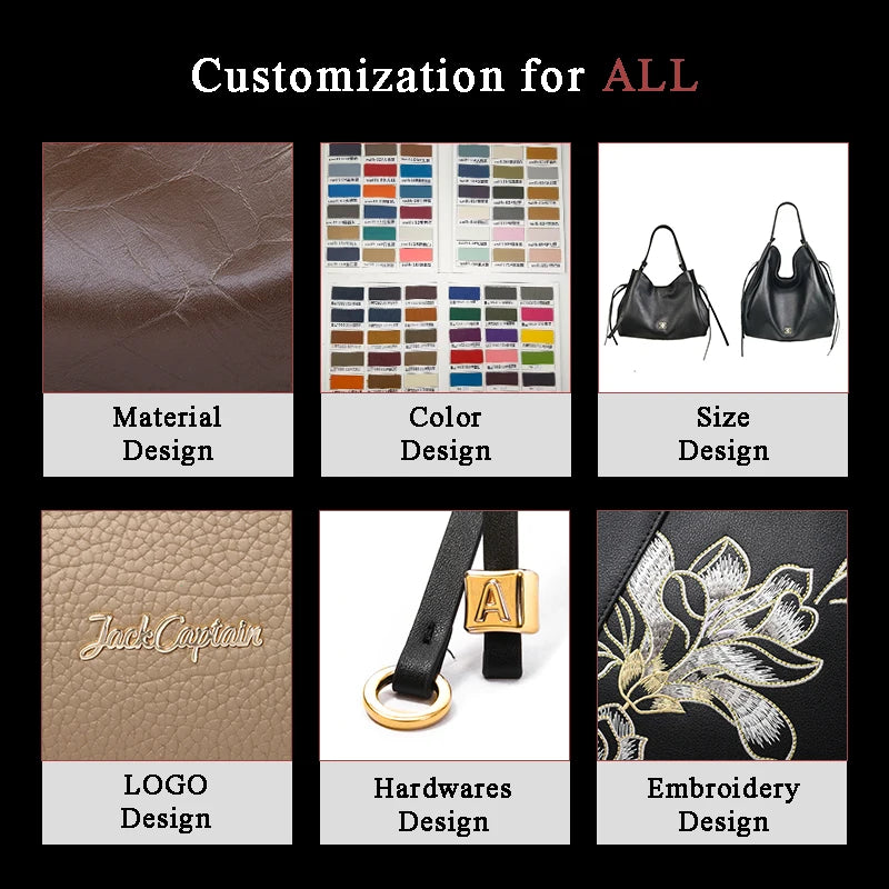 Customizable genuine leather tote and crossbody handbags featuring floral embroidery, metallic logo, and hardware options.