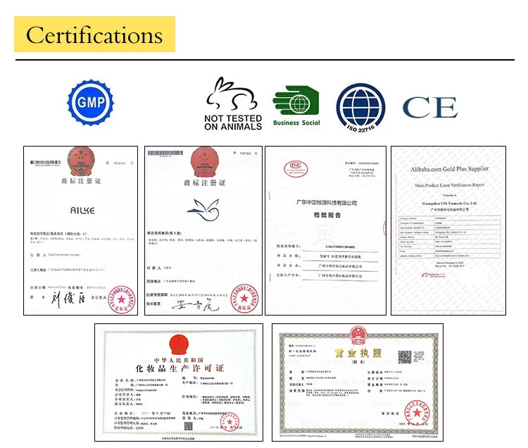 AILKE organic skincare certifications: GMP, cruelty-free, and ISO 22716 for dark spot and acne removal products.