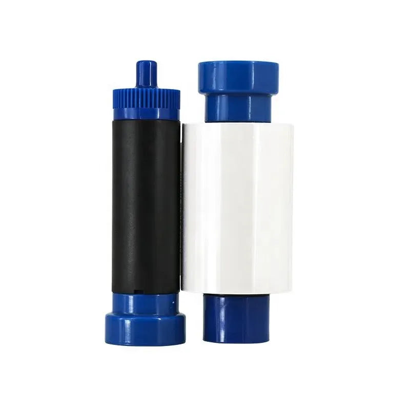 Card printer ribbon cartridges: white roll with blue caps and black core