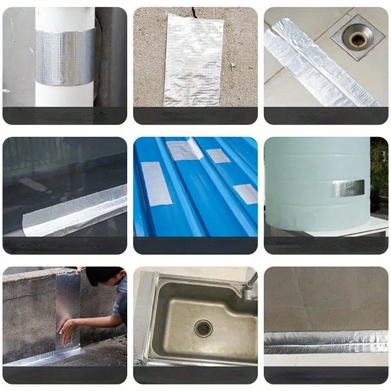 Silver aluminum flashing tape with adhesive backing for roof sealing and repair