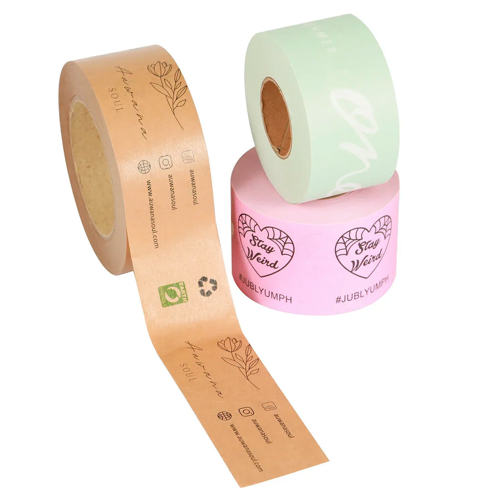 Printed kraft paper sealing tape roll with tan and light green colored backing strips