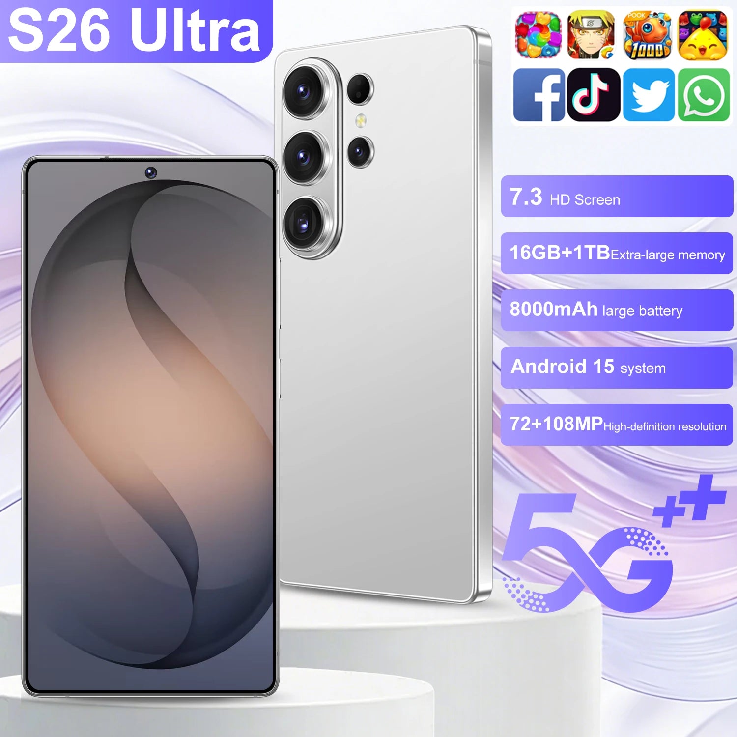 S26 Ultra 5G smartphone with 7.3 inch HD screen 16GB RAM 1TB storage and 108MP camera, silver profile view