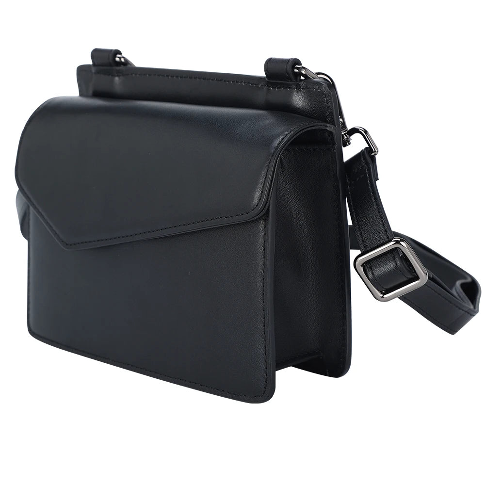 Black genuine cow leather designer crossbody handbag with a flap top and adjustable strap for women.