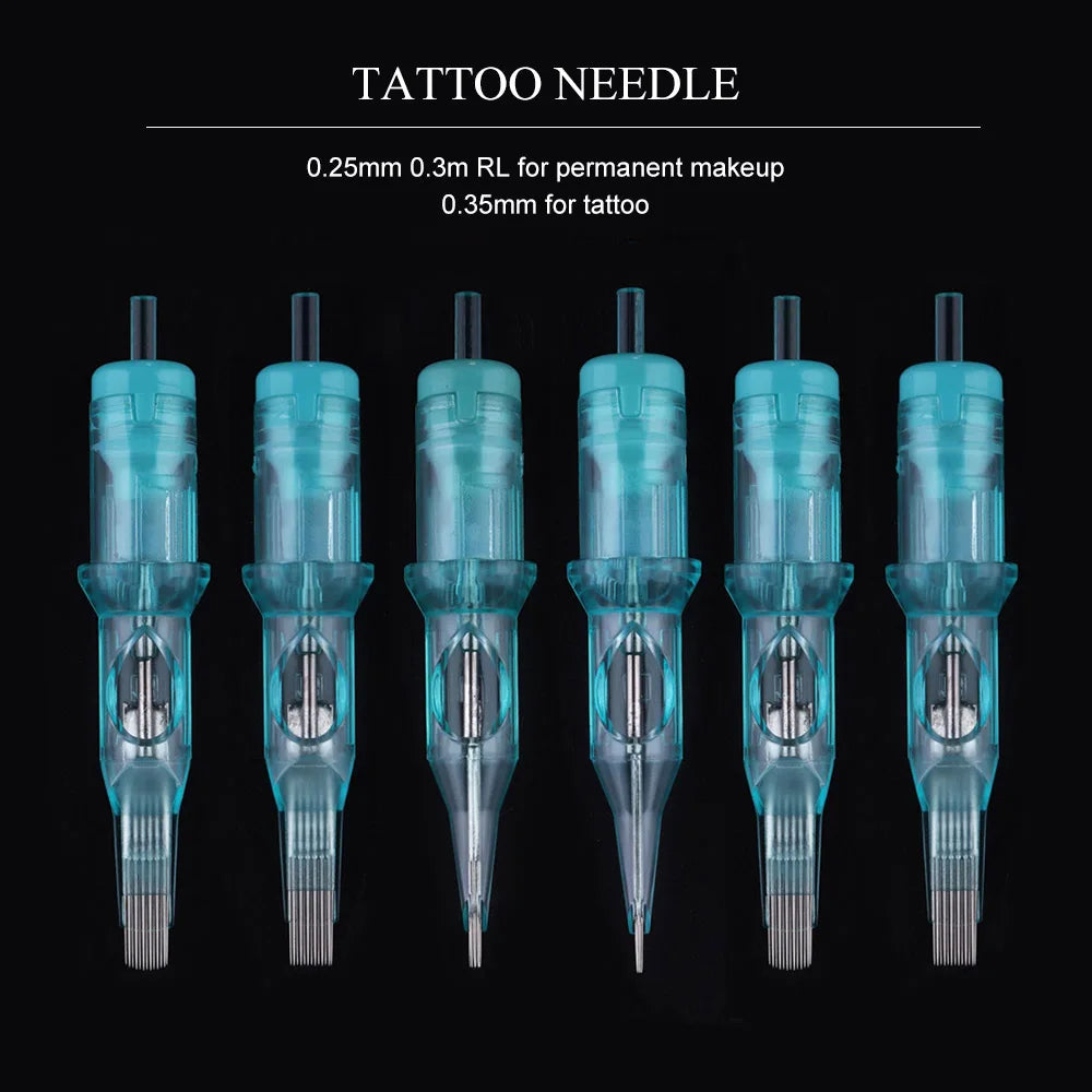 Six blue translucent tattoo needle cartridges with metal tips for permanent makeup and professional tattooing.