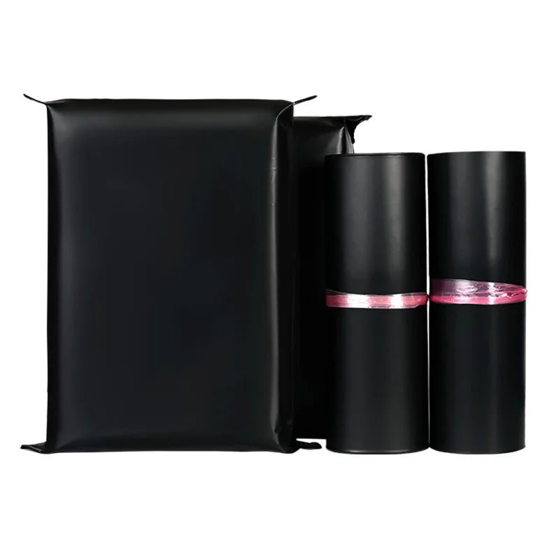 Black waterproof poly mailer pouch with self-sealing roll bundles