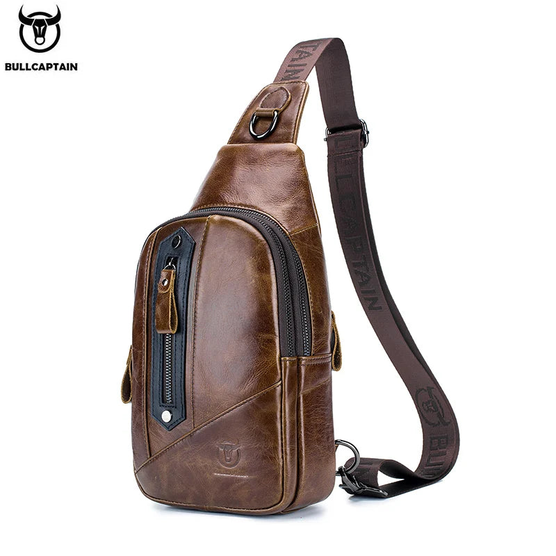 BULLCAPTAIN brown leather chest bag, casual crossbody sling pack with zippered compartments and branded shoulder strap.