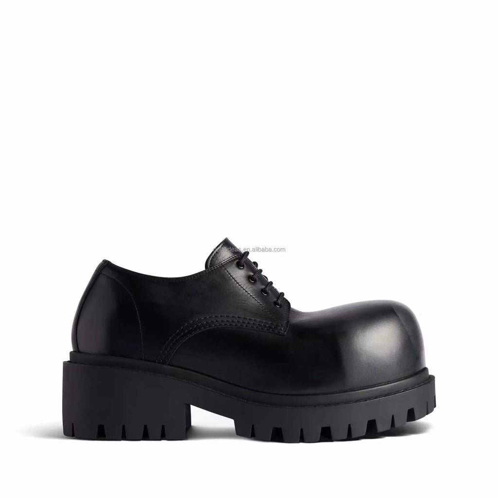 Extra Round Toe Lace-up Metal Logo Winter Dress Shoes Luxury Unisex Calf Leather Men Alaska Boots Men Stomper Chunky Derby Shoes