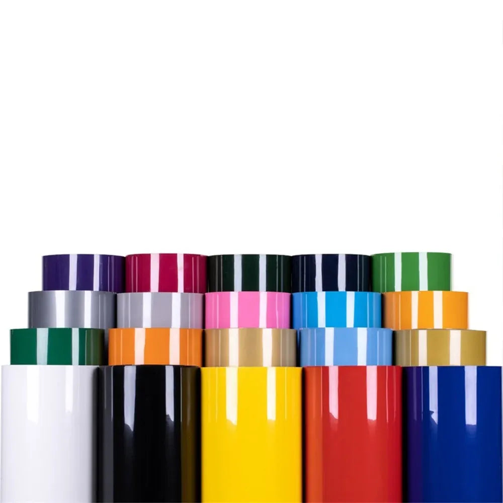 Mixed-color glossy heat transfer vinyl rolls stacked in rows