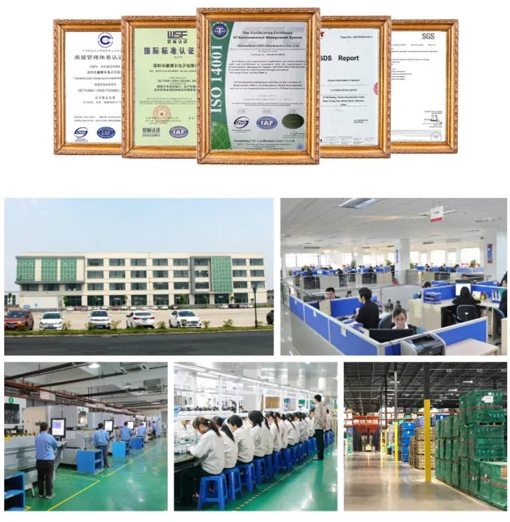 Quality certificates and production facility photos on a collage board