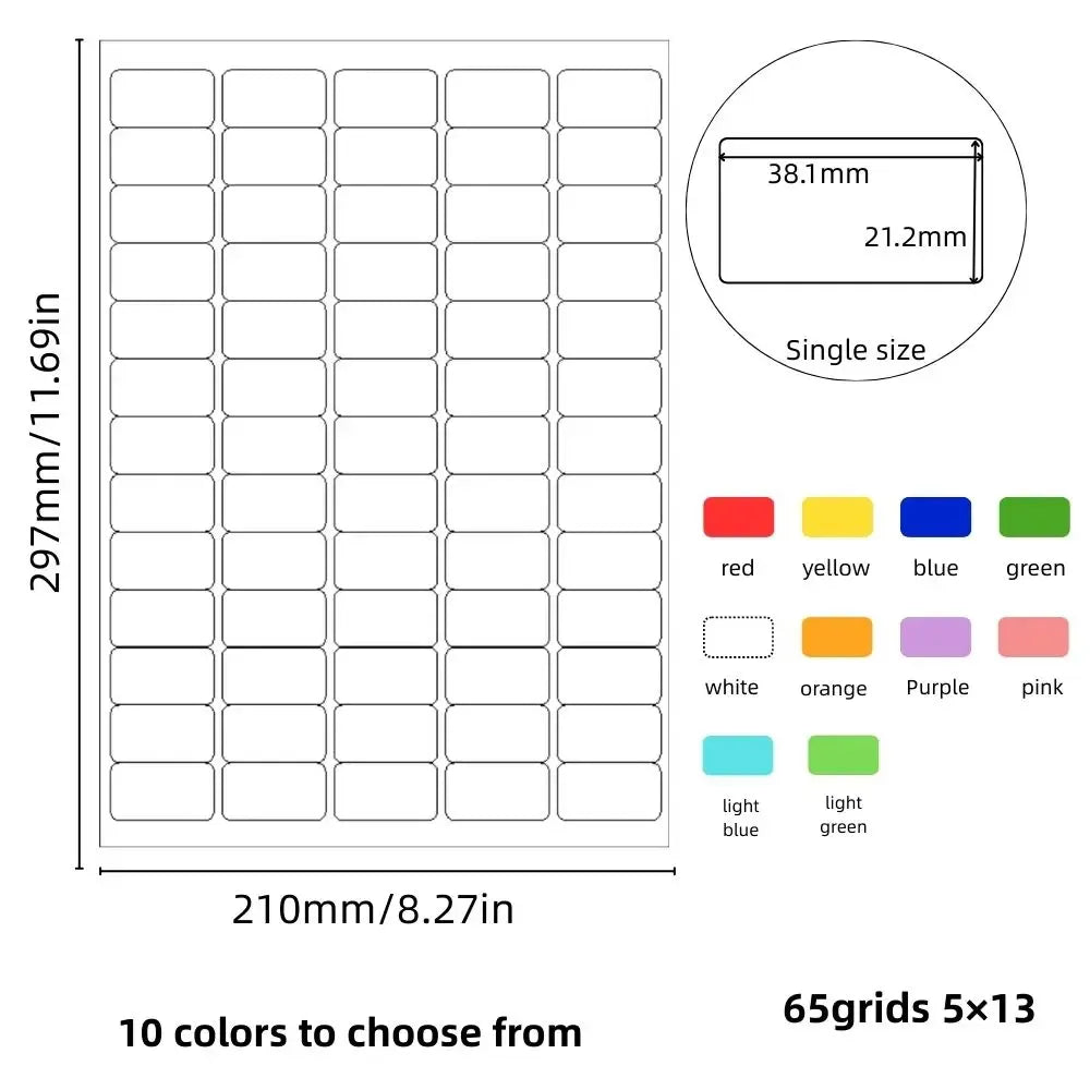 A4 sticker label sheet with 65 grid layout and adhesive backing, copperplate paper