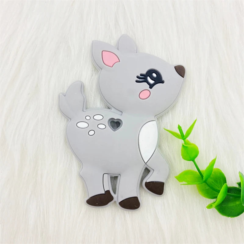 Grey deer silicone baby teething toy for soothing relief.