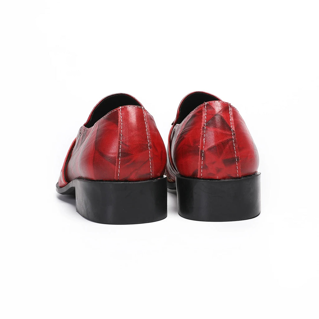 Red marble-print leather men’s loafers with a black stacked heel, featuring refined stitching and luxury slip-on style.