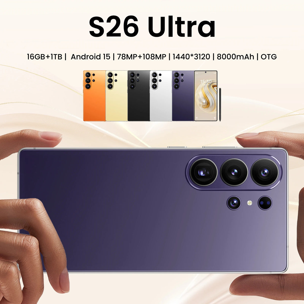 Purple unlocked Android smartphone back with triple cameras, held in hand