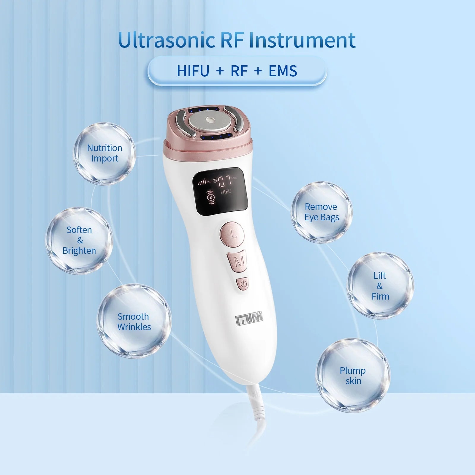 White and rose gold handheld HIFU facial tightening device with a digital display and control buttons.