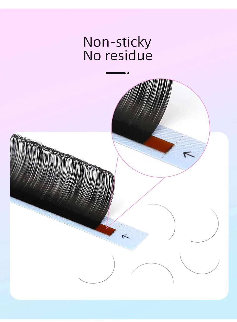 Black Russian Volume eyelash extension strips on brown adhesive tape, highlighted as non-sticky and residue-free.